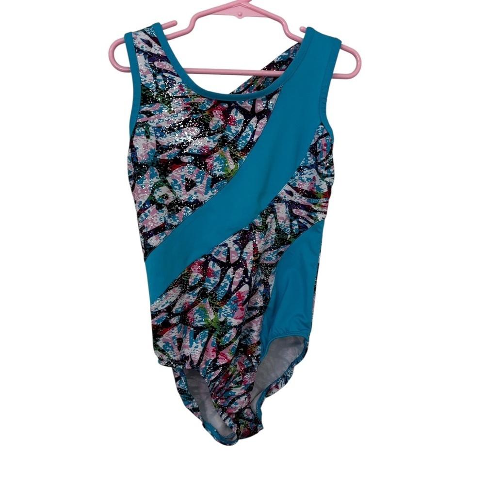 3/$15 Danskin Girls Teal Multi-Color One-Piece leotard gymnastics dance S 6/6X